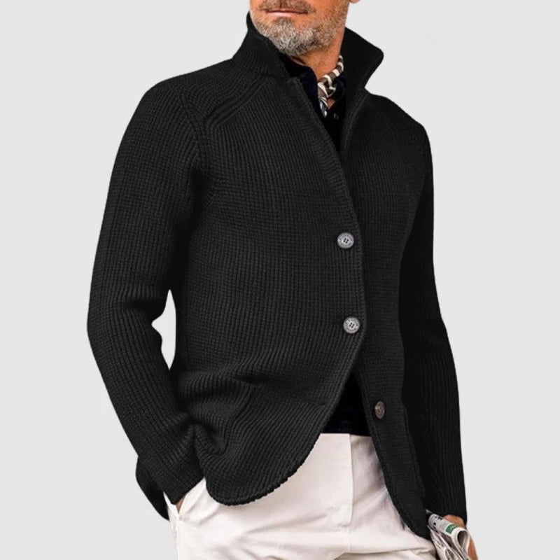 Men's textured knit cardigan with stand collar and buttons