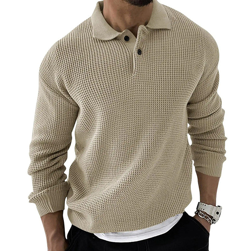 Men's textured knitted jumper with polo collar, buttons and long sleeves