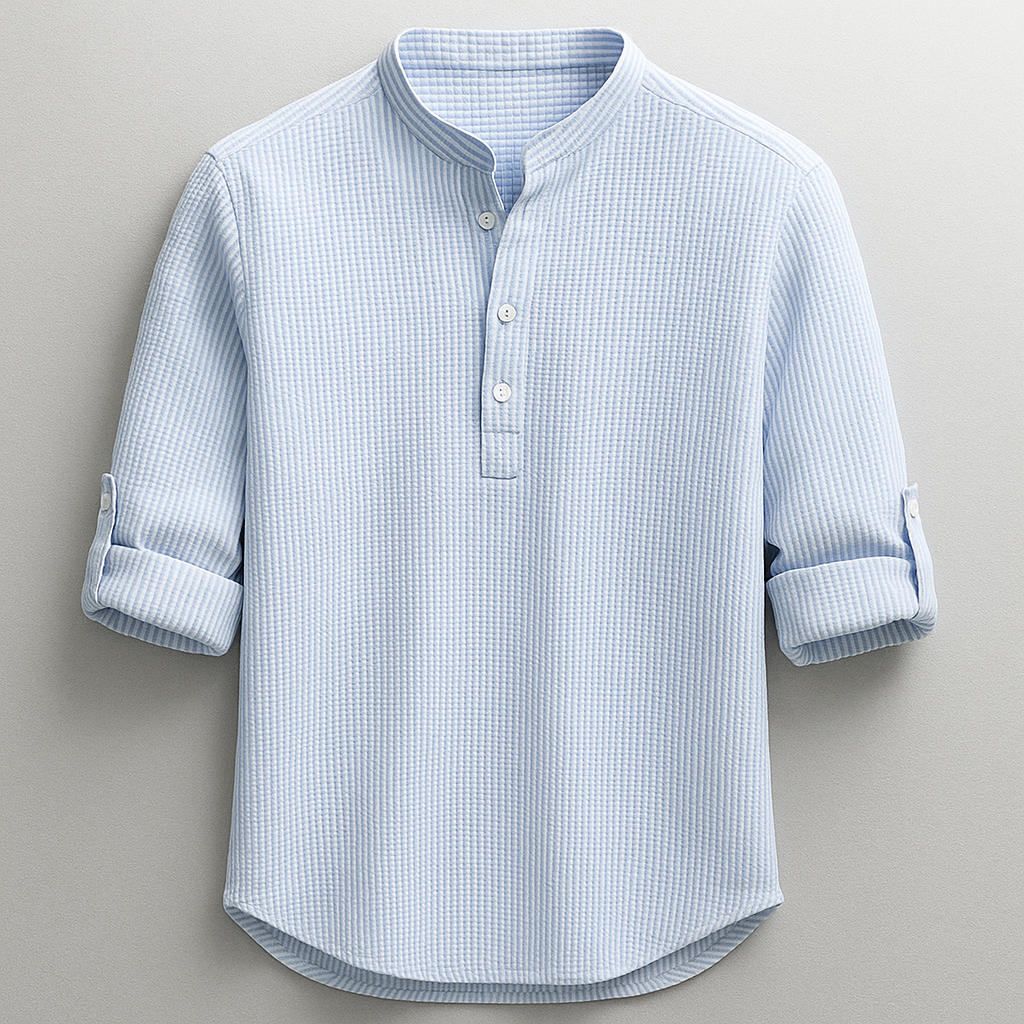 Men's textured Henley shirt with mandarin collar and button placket