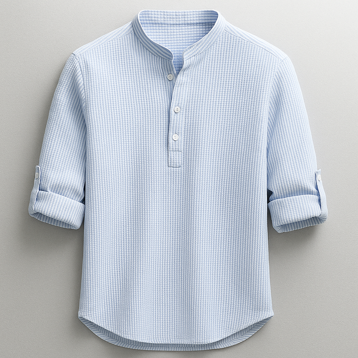 Men's textured Henley shirt with mandarin collar and button placket