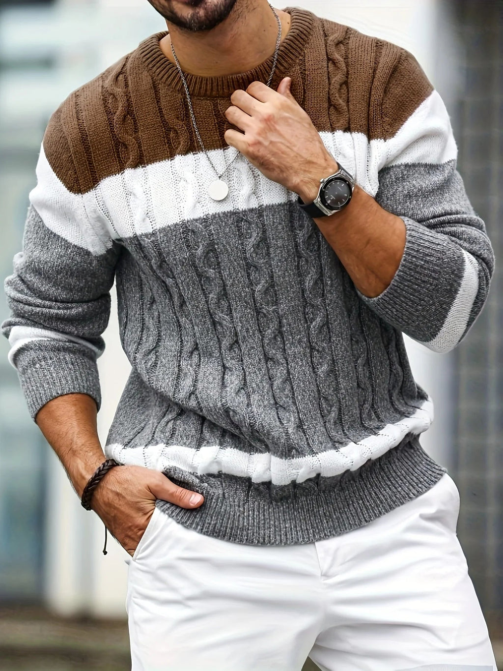 Men's colour block cable knit jumper with crew neck and long sleeves