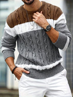 Men's colour block cable knit jumper with crew neck and long sleeves