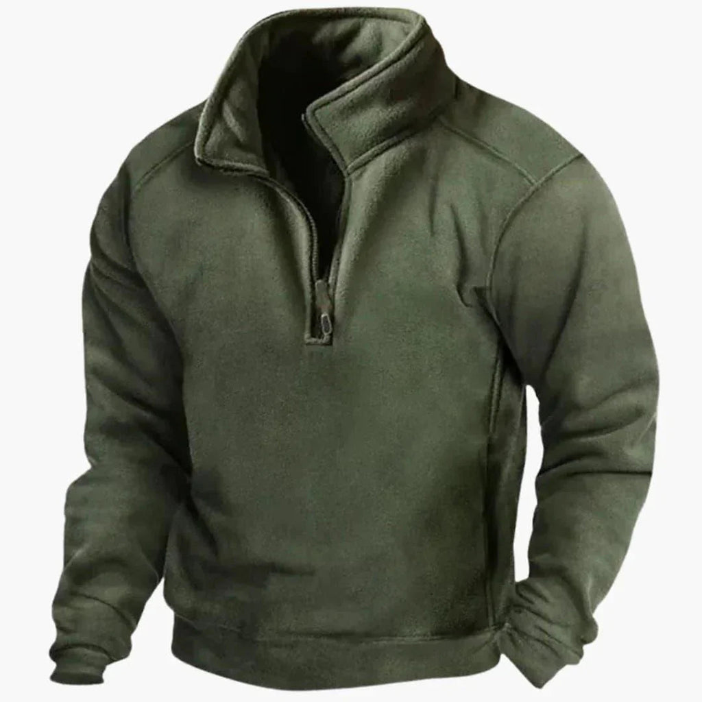 Men's plain fleece pullover sweater with high collar and quarter-zip fastening