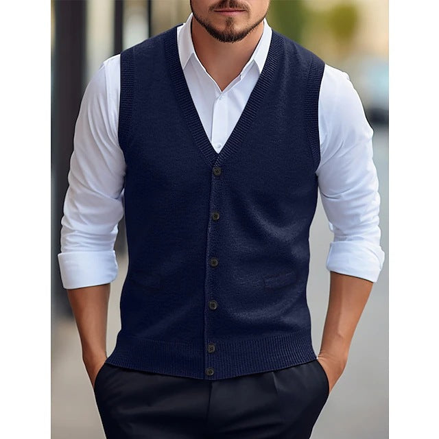 Men's sleeveless V-neck knit vest with button front and welt pockets