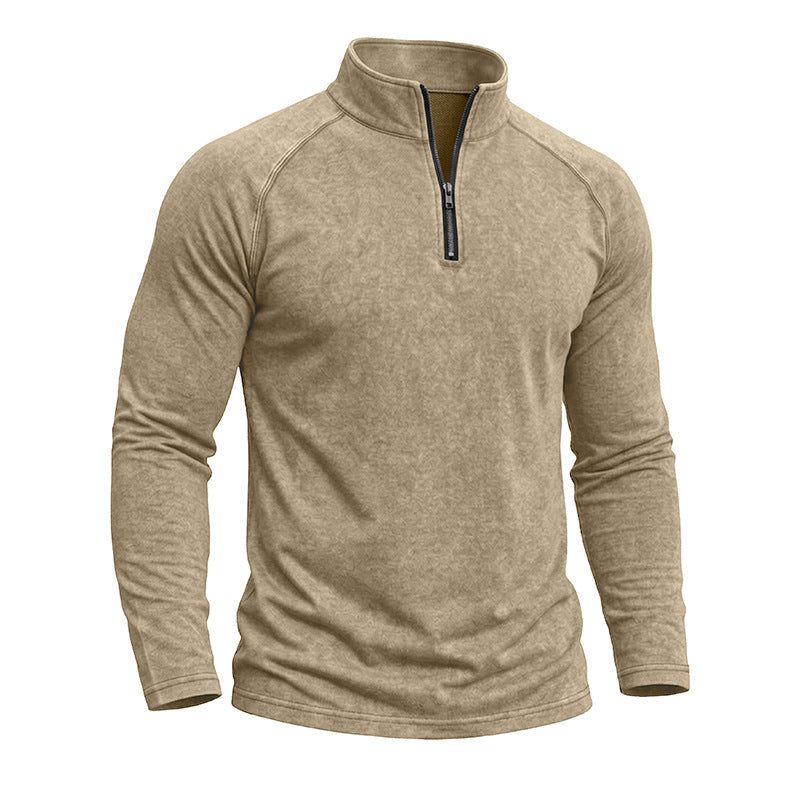 Men's long-sleeve quarter-zip sweatshirt with mock neck and washed texture