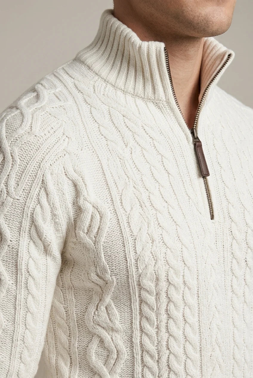 Men's textured cable knit quarter-zip sweater with mock neck and long sleeves
