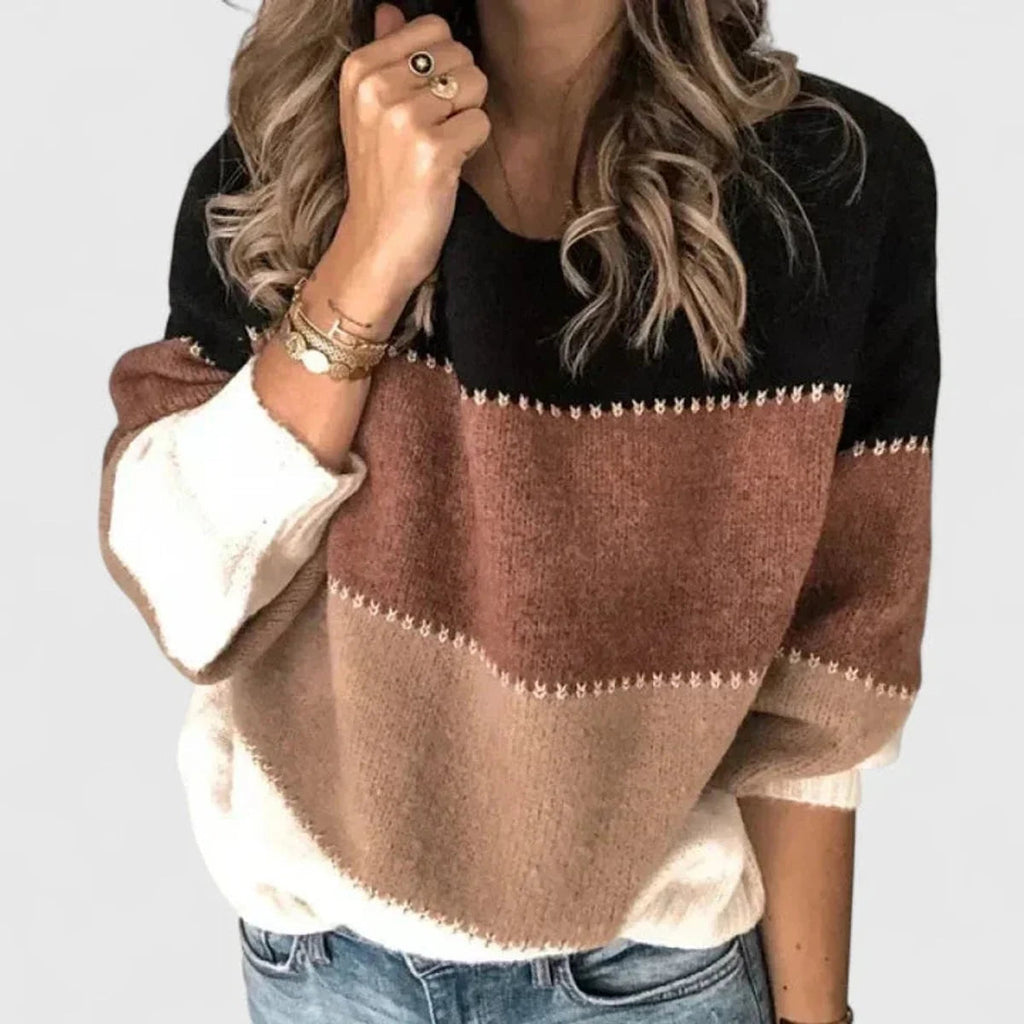 Women's striped crew neck sweater with long sleeves and relaxed fit