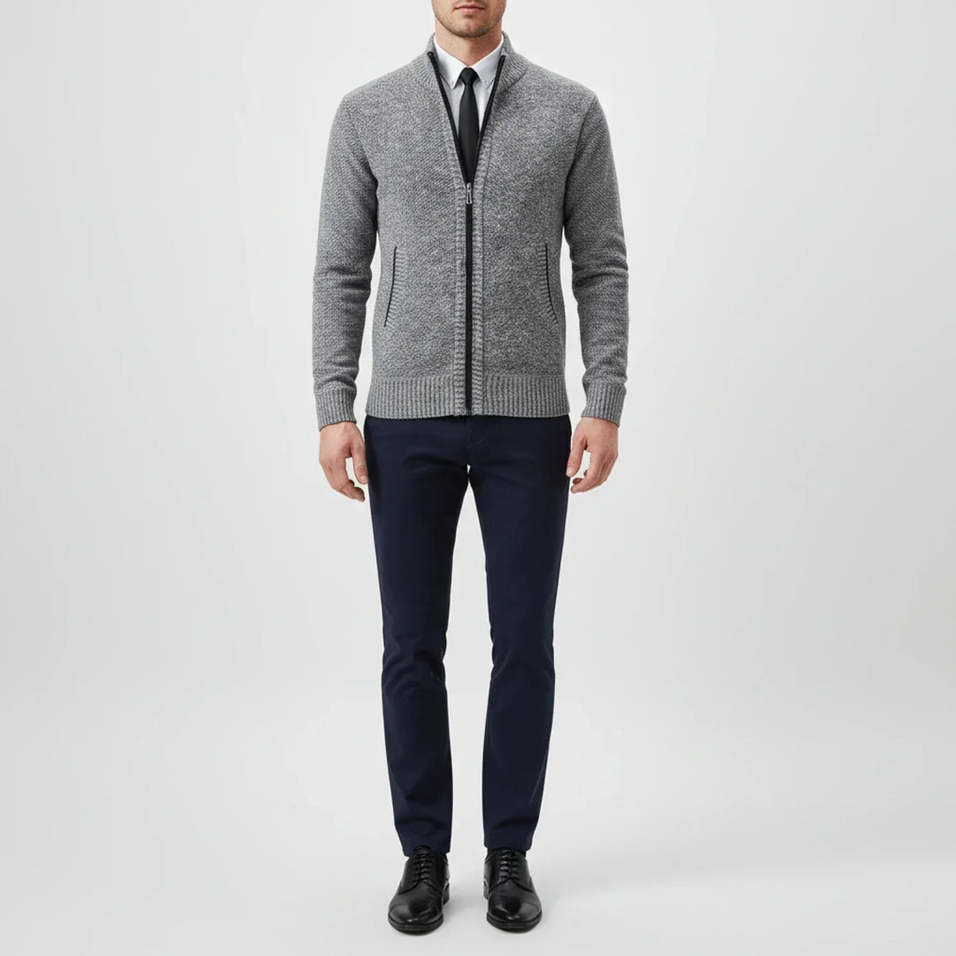 Men's textured knit cardigan with mock neck and full zip fastening