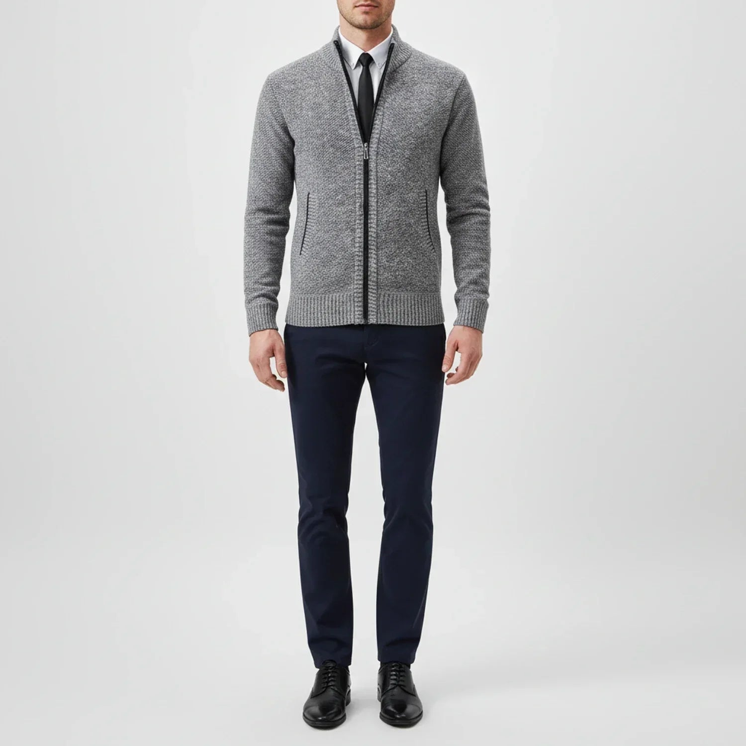 Men's textured knit cardigan with mock neck and full zip fastening