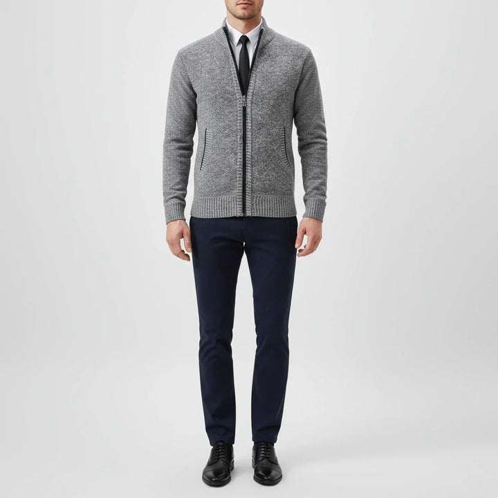 Men's textured knit cardigan with mock neck and full zip fastening
