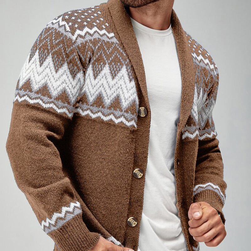 Men's knitted cardigan with shawl collar, buttons and contrasting geometric pattern
