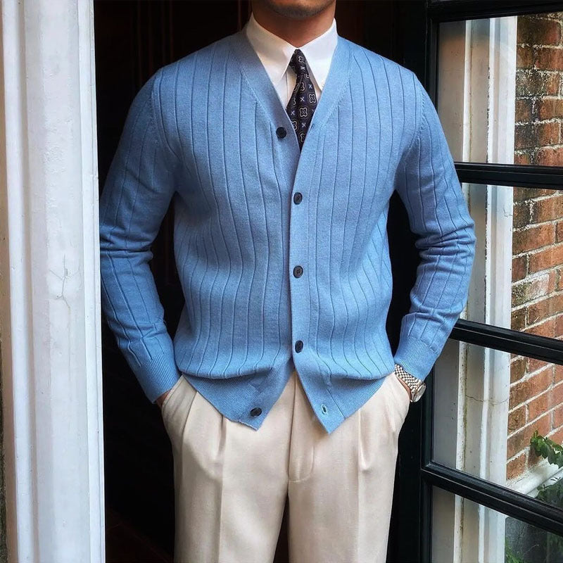 Men's slim fit ribbed knit cardigan with V-neck and button front