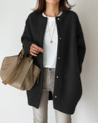 Women's longline button cardigan with round neckline and long sleeves