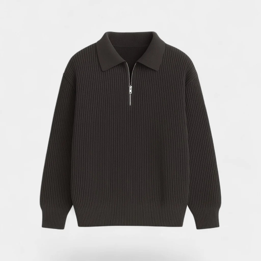 Men's ribbed collared sweater with half-zip fastening and long sleeves