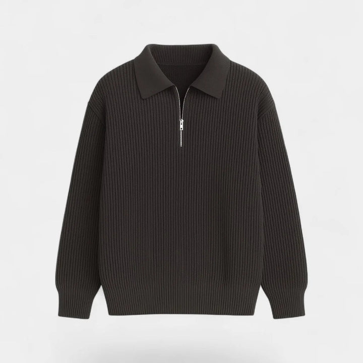 Men's ribbed collared sweater with half-zip fastening and long sleeves