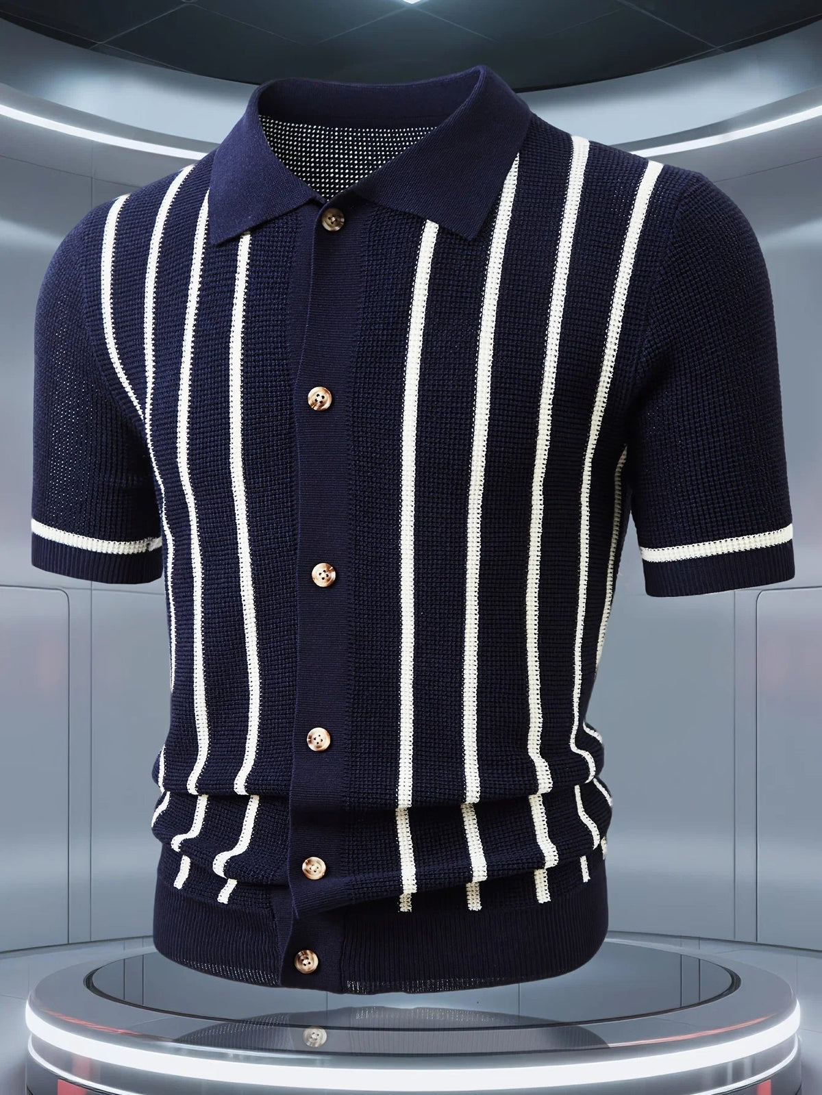 Men's striped knitted polo shirt with short sleeves and buttons
