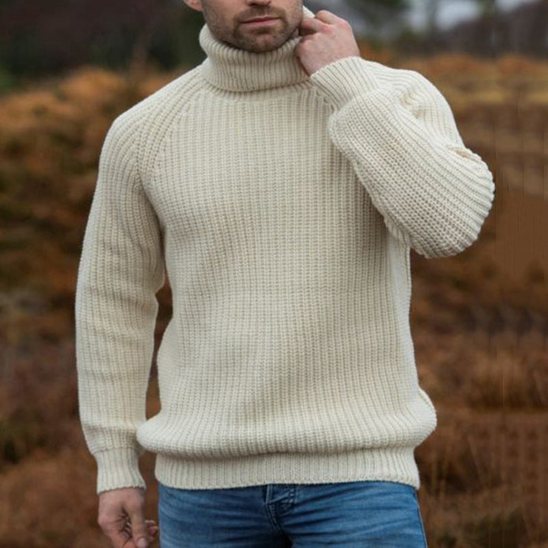 Men's beige ribbed turtleneck sweater with long sleeves