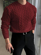 Men's textured cable knit crew neck sweater with long sleeves