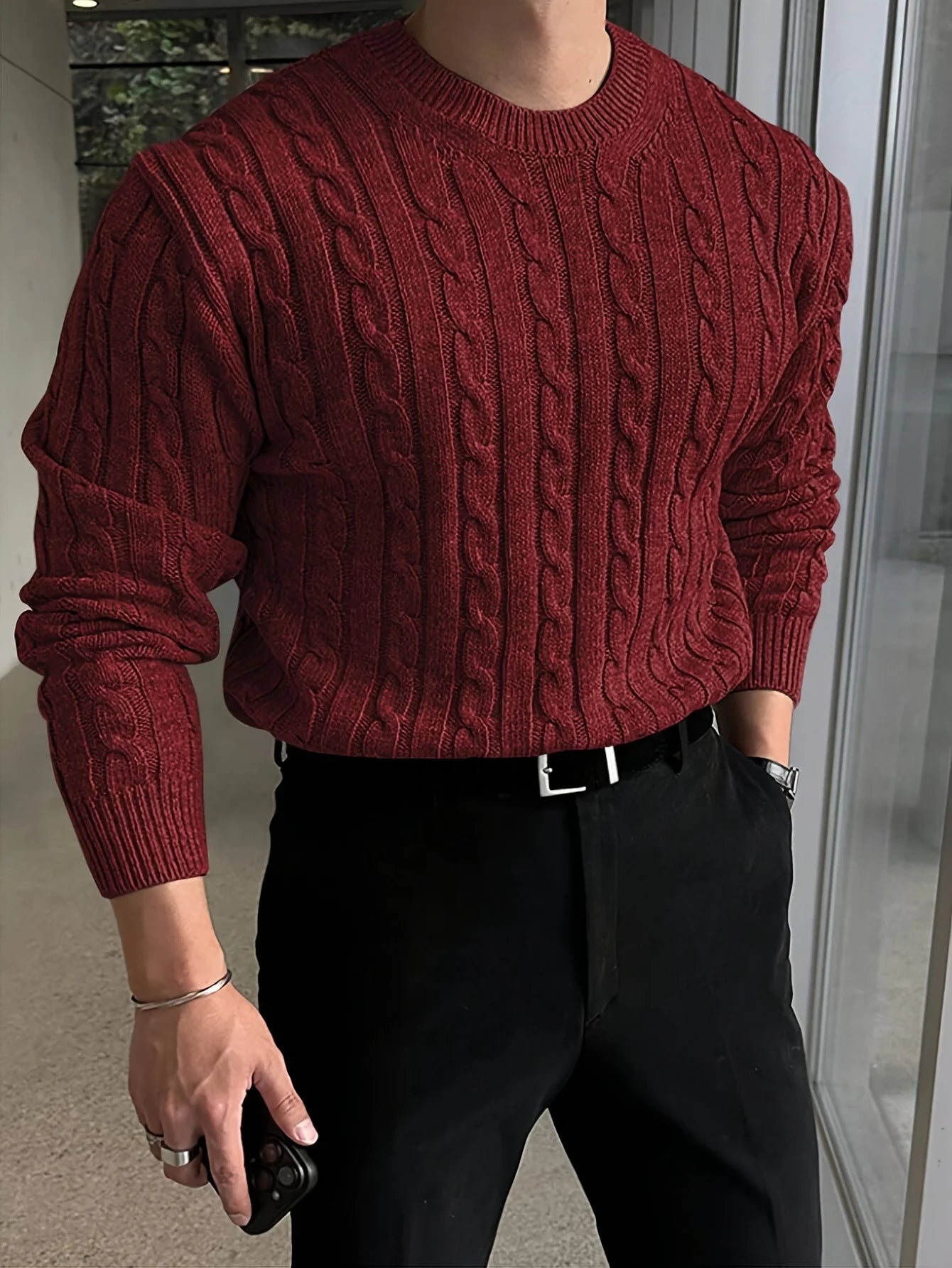 Men's textured cable knit crew neck sweater with long sleeves