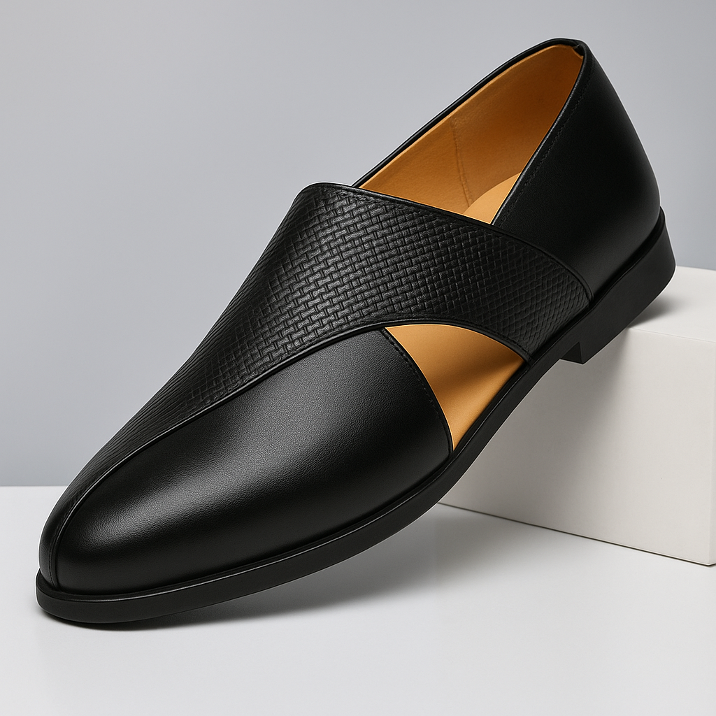 Textured loafers with penny-style straps in brown and black