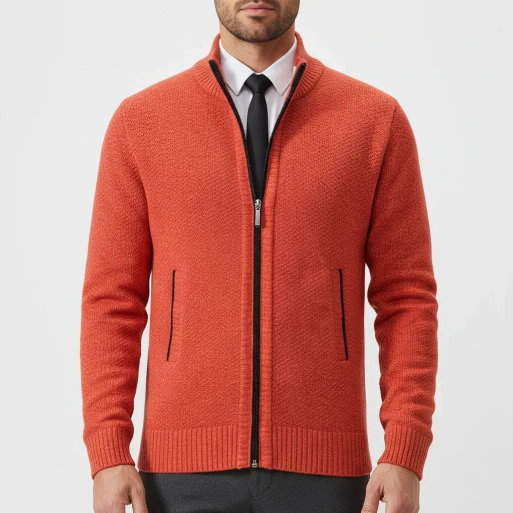 Men's stand collar cardigan sweater with zip front and side pockets