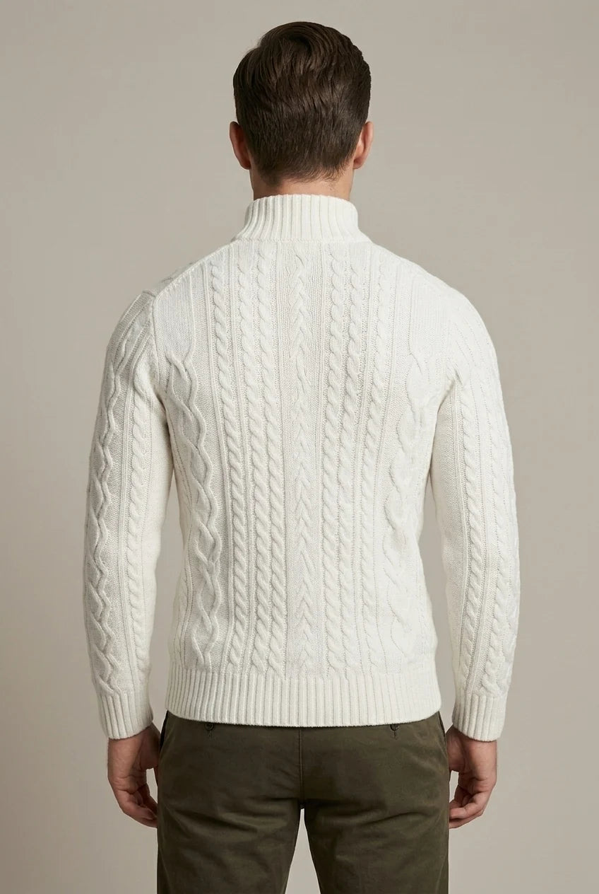 Men's textured cable knit quarter-zip sweater with mock neck and long sleeves