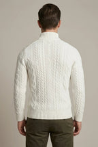 Men's textured cable knit quarter-zip sweater with mock neck and long sleeves