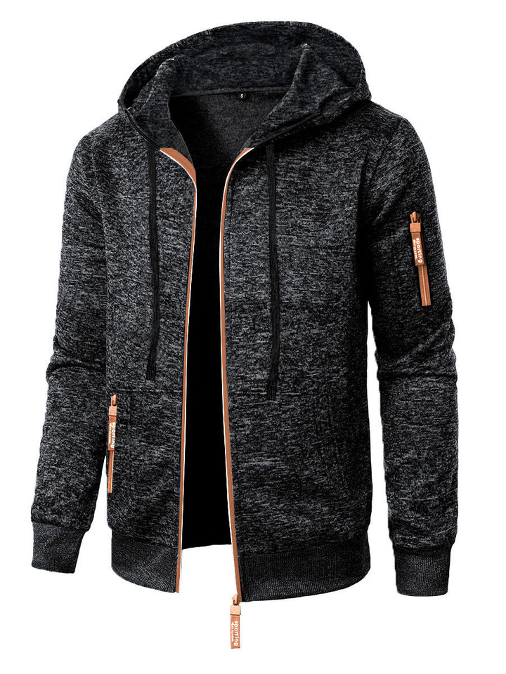 Men's hooded jacquard knit cardigan with full zip and zipped pockets