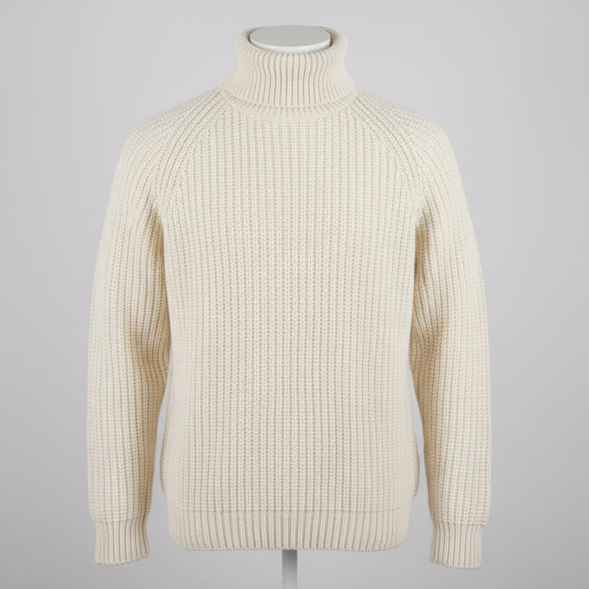 Men's beige ribbed turtleneck sweater with long sleeves
