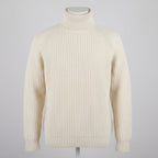 Men's beige ribbed turtleneck sweater with long sleeves