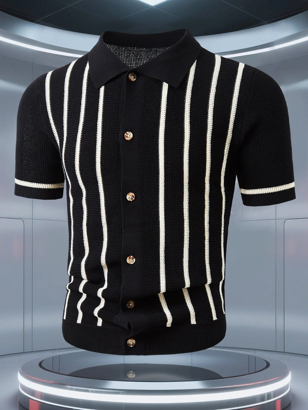 Men's striped knitted polo shirt with short sleeves and buttons