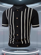 Men's striped knitted polo shirt with short sleeves and buttons