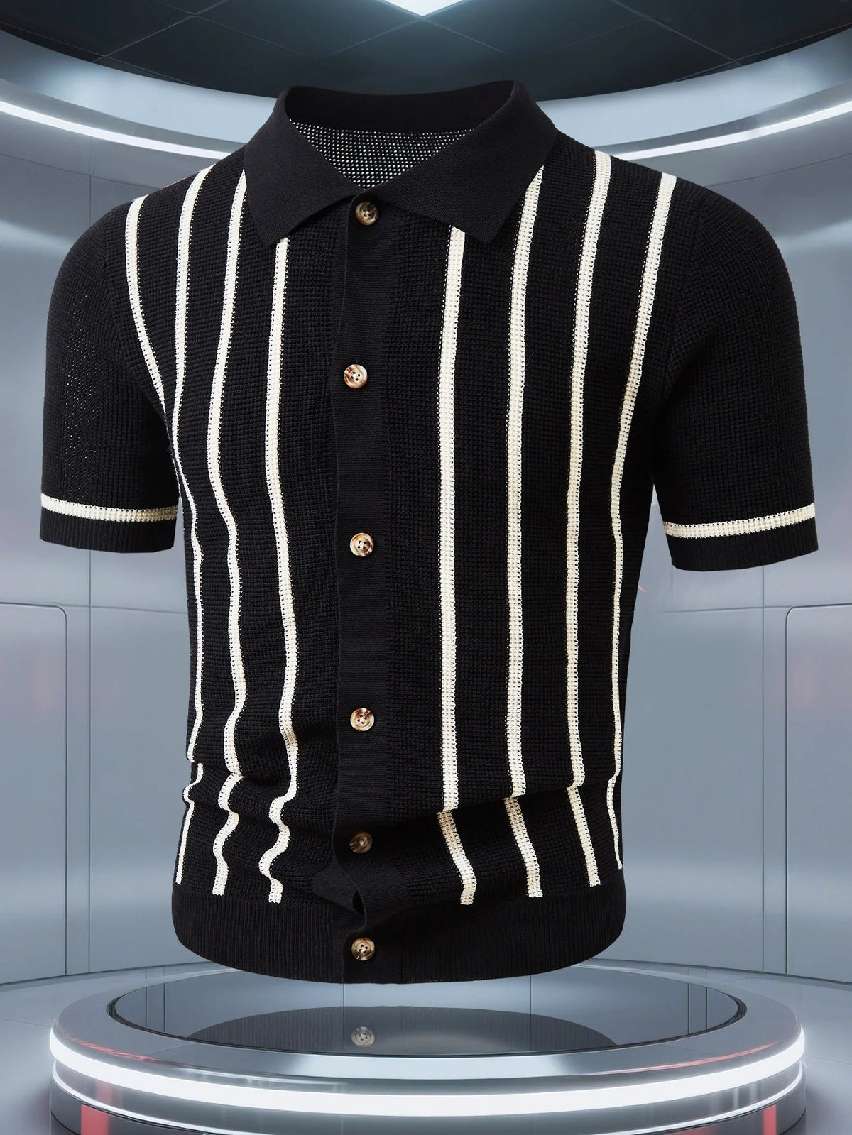 Men's striped knitted polo shirt with short sleeves and buttons