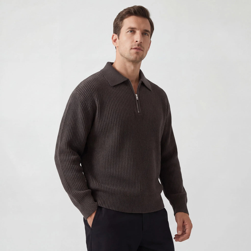 Men's ribbed collared sweater with half-zip fastening and long sleeves