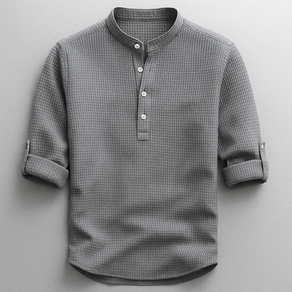 Men's textured Henley shirt with mandarin collar and button placket