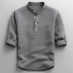 Men's textured Henley shirt with mandarin collar and button placket