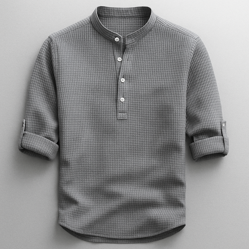 Men's textured Henley shirt with mandarin collar and button placket