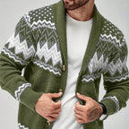 Men's knitted cardigan with shawl collar, buttons and contrasting geometric pattern