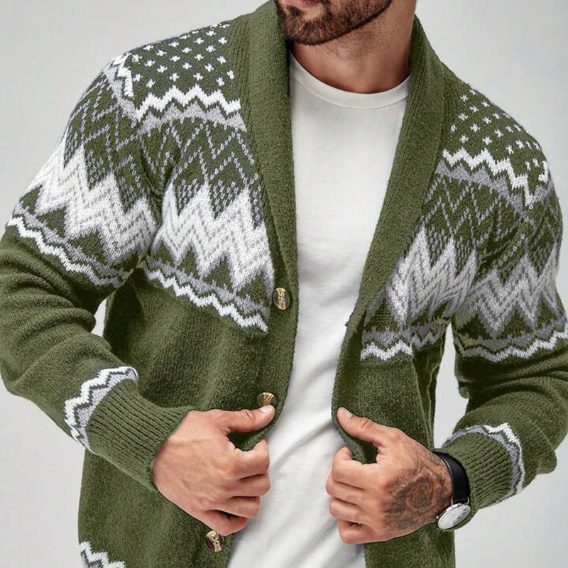 Men's knitted cardigan with shawl collar, buttons and contrasting geometric pattern