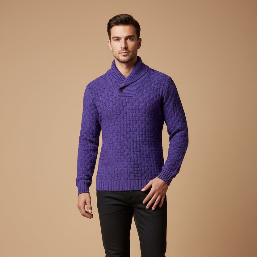 Men's textured turtleneck sweater with cowl collar and button detail