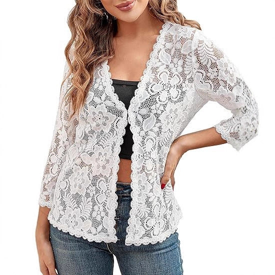 Women's sheer floral lace cardigan with open front and 3/4 sleeves