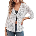 Women's sheer floral lace cardigan with open front and 3/4 sleeves