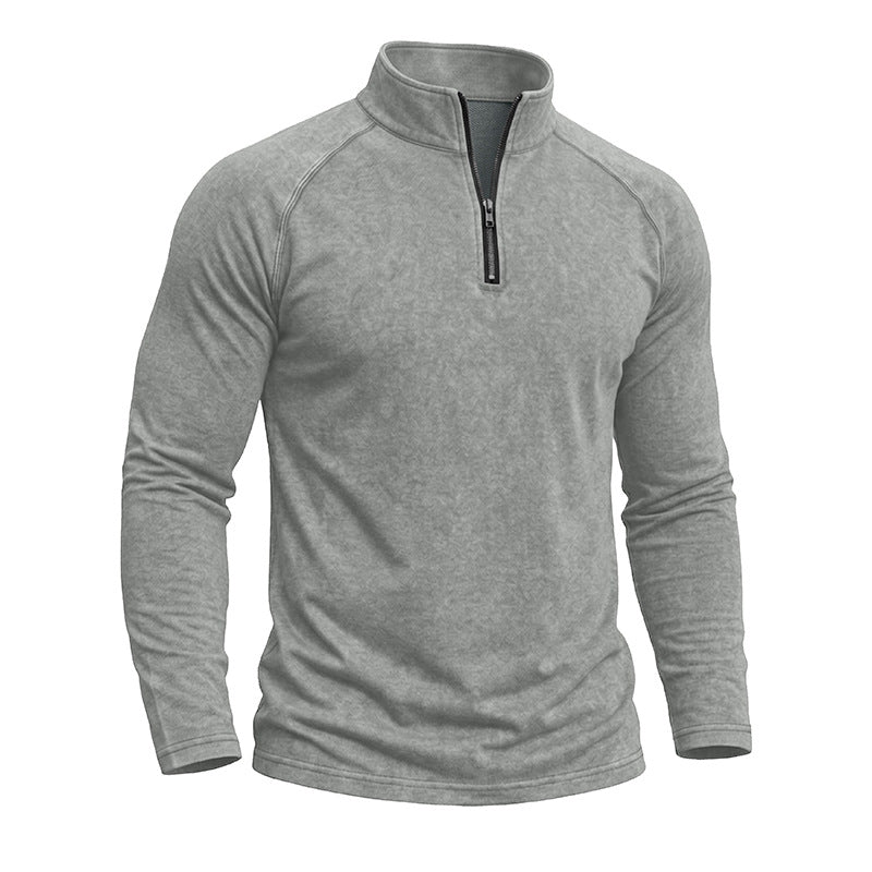 Men's long-sleeve quarter-zip sweatshirt with mock neck and washed texture