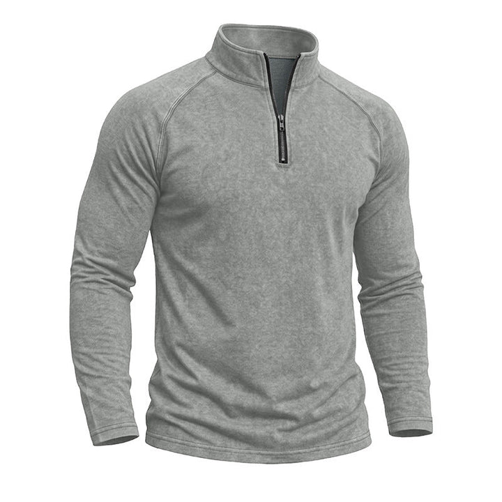 Men's long-sleeve quarter-zip sweatshirt with mock neck and washed texture
