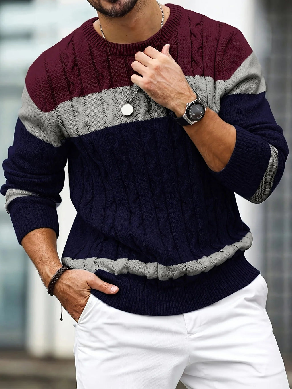 Men's colour block cable knit jumper with crew neck and long sleeves