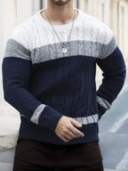 Men's colour block cable knit jumper with crew neck and long sleeves