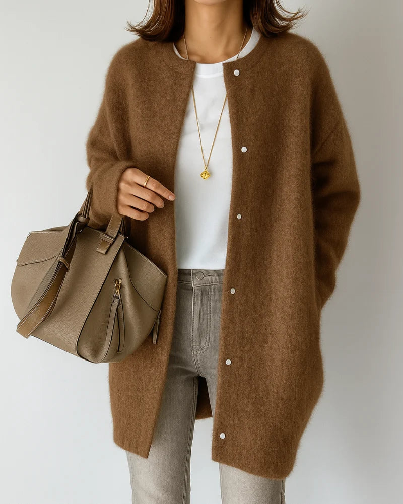 Women's longline button cardigan with round neckline and long sleeves