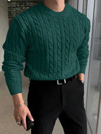 Men's textured cable knit crew neck sweater with long sleeves