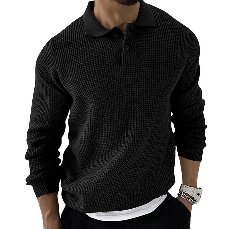 Men's textured knitted jumper with polo collar, buttons and long sleeves