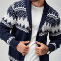Men's knitted cardigan with shawl collar, buttons and contrasting geometric pattern